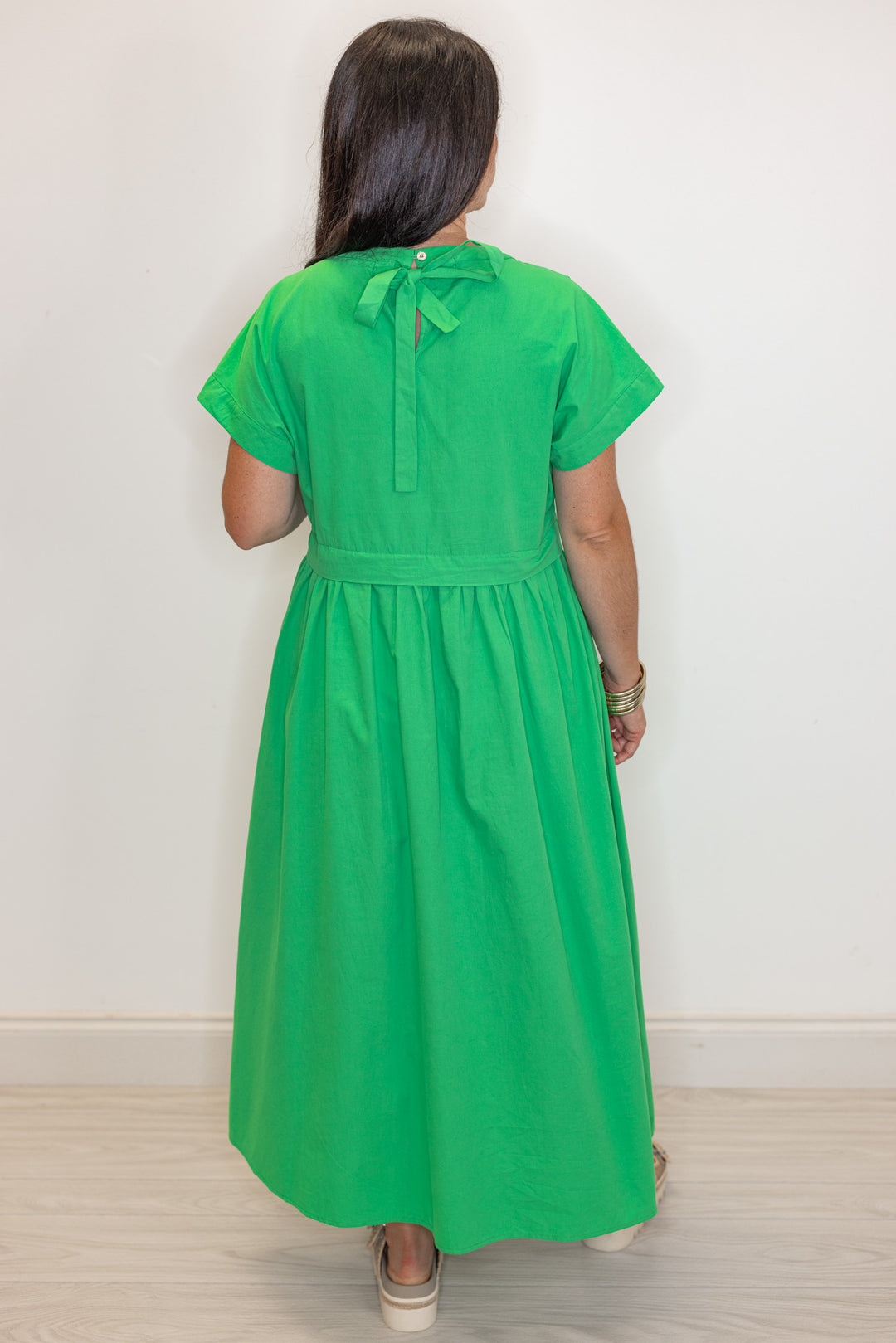 green cotton poplin midi dress