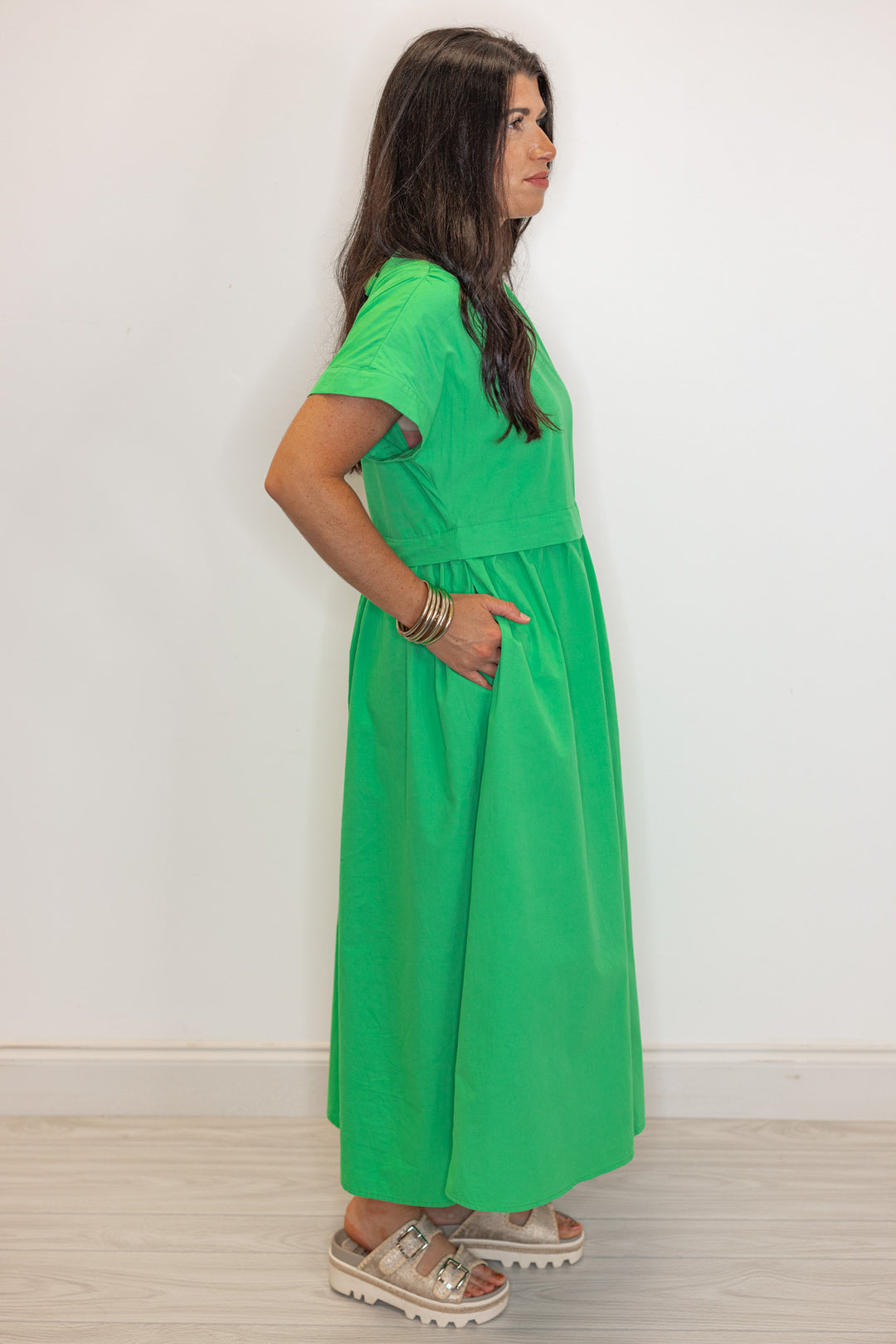 green cotton poplin midi dress