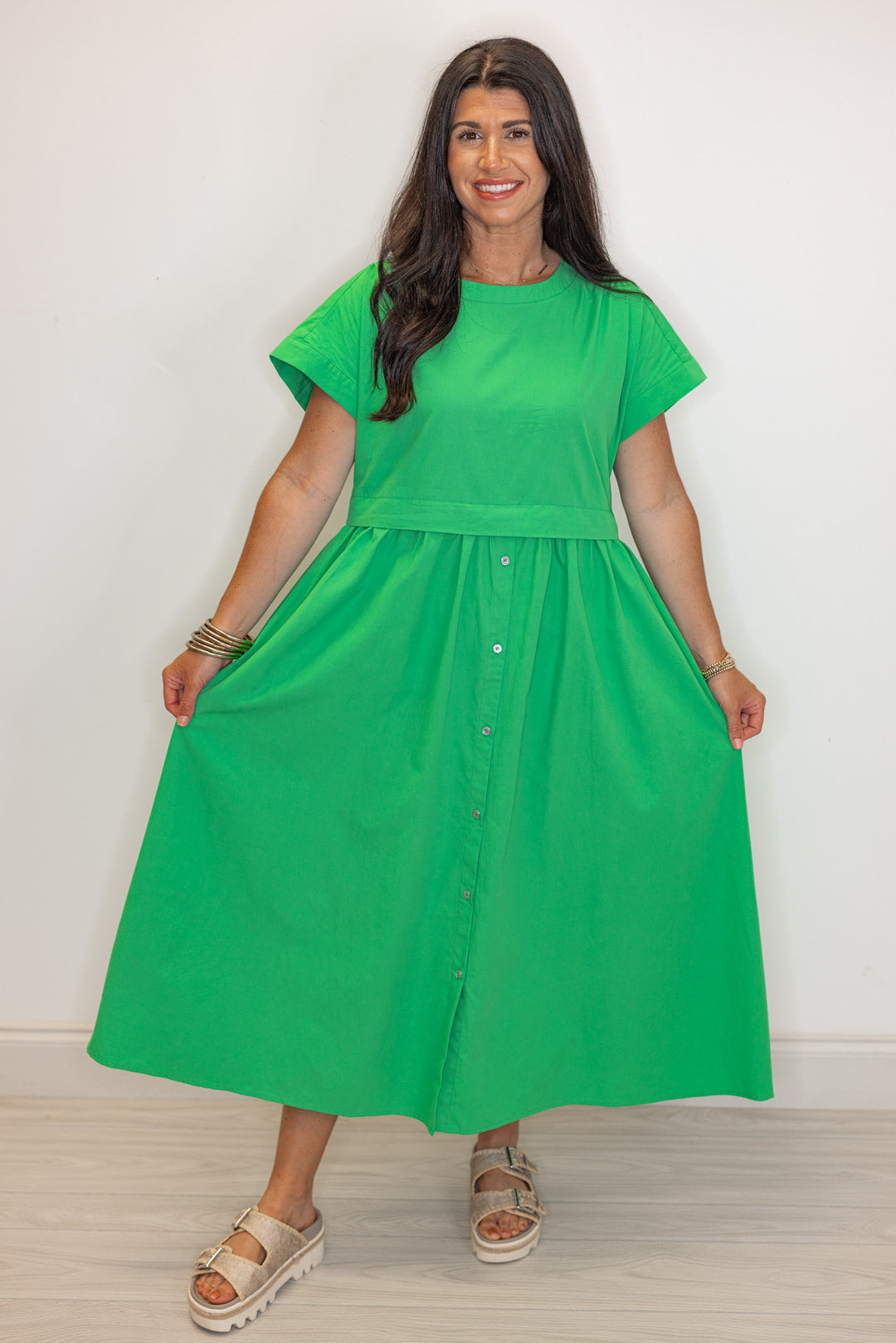 green cotton poplin midi dress