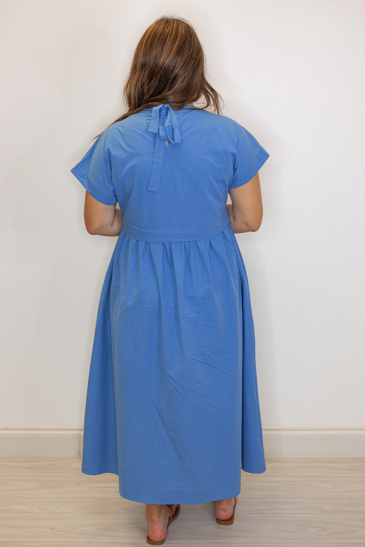 blue cotton poplin midi dress