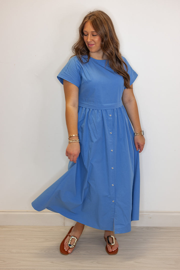 blue cotton poplin midi dress