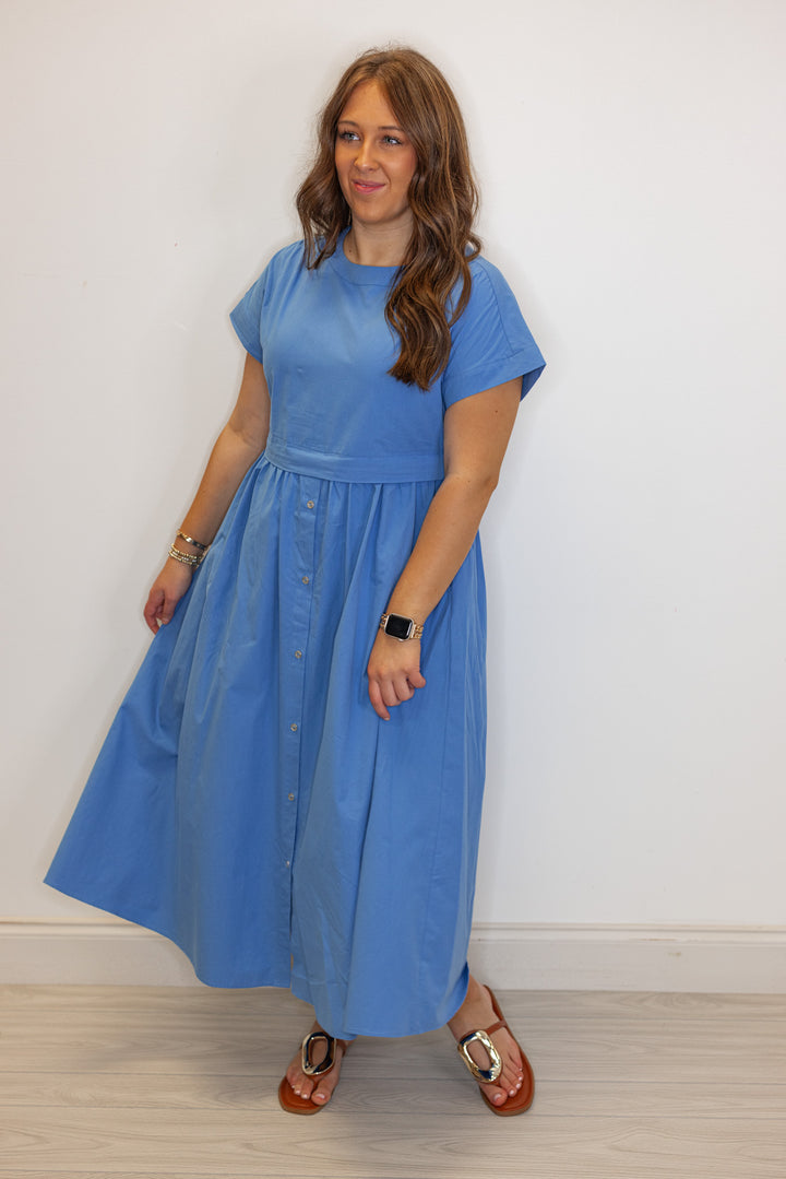 blue cotton poplin midi dress
