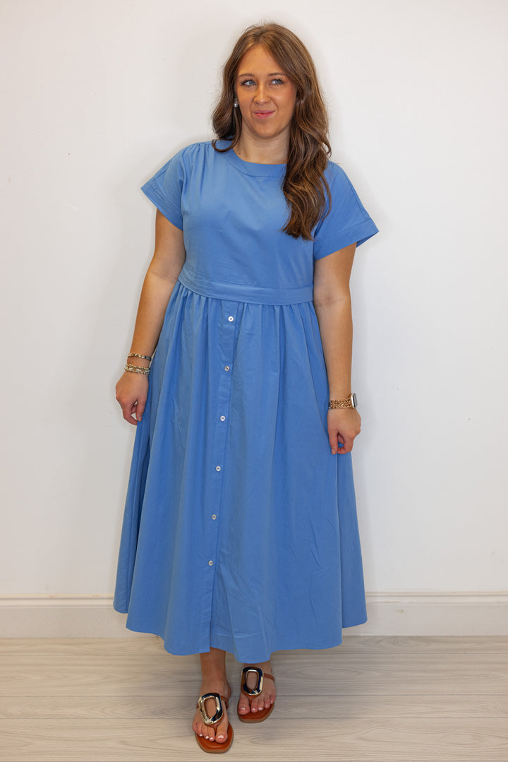 blue cotton poplin midi dress