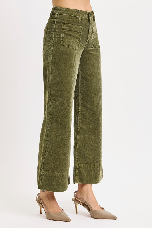 Risen Jeans high rise cropped wide leg corduroy pants in washed moss green showing side view