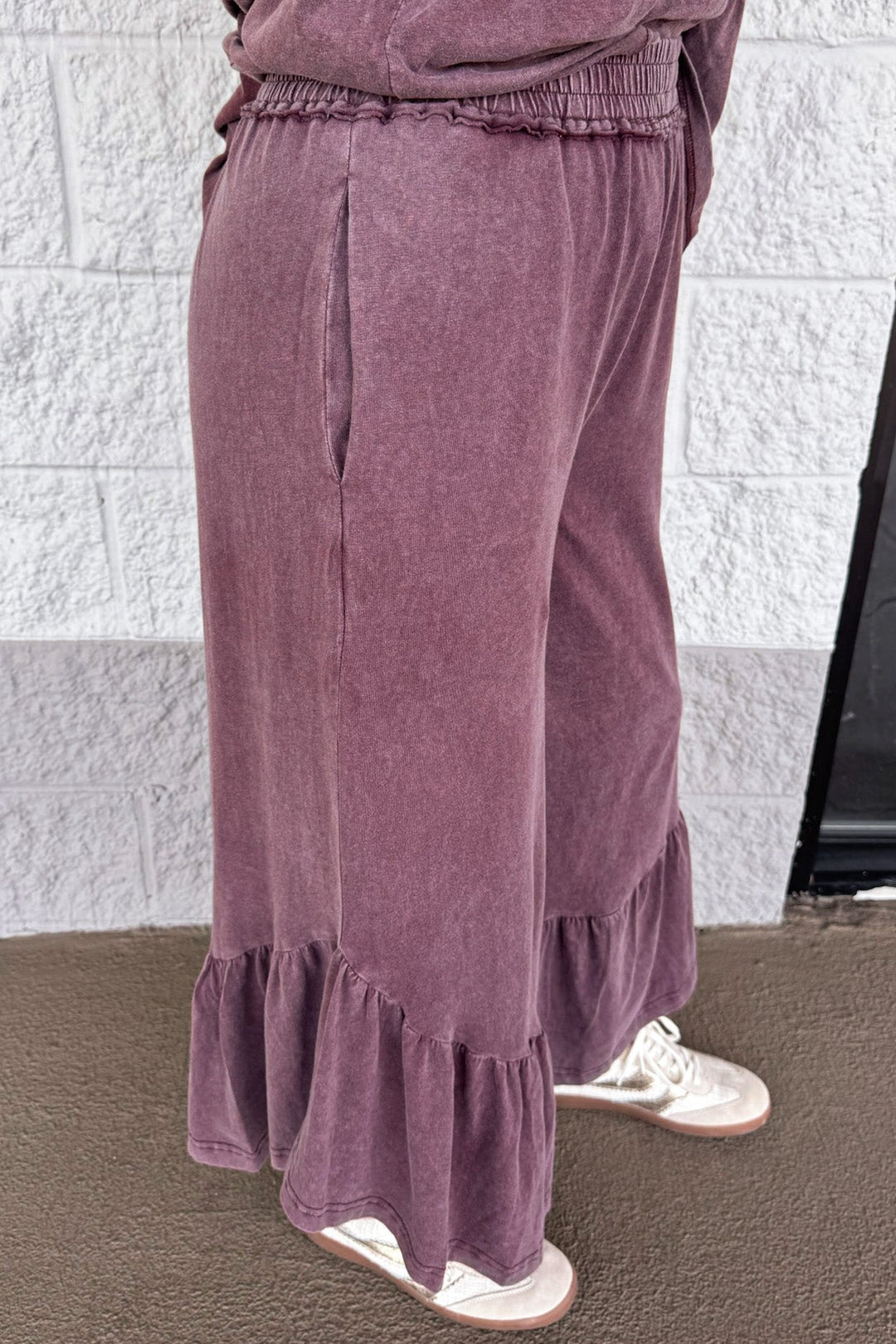 solid washed mulberry ruffle hem elastic waist wide leg cotton pants with side pockets