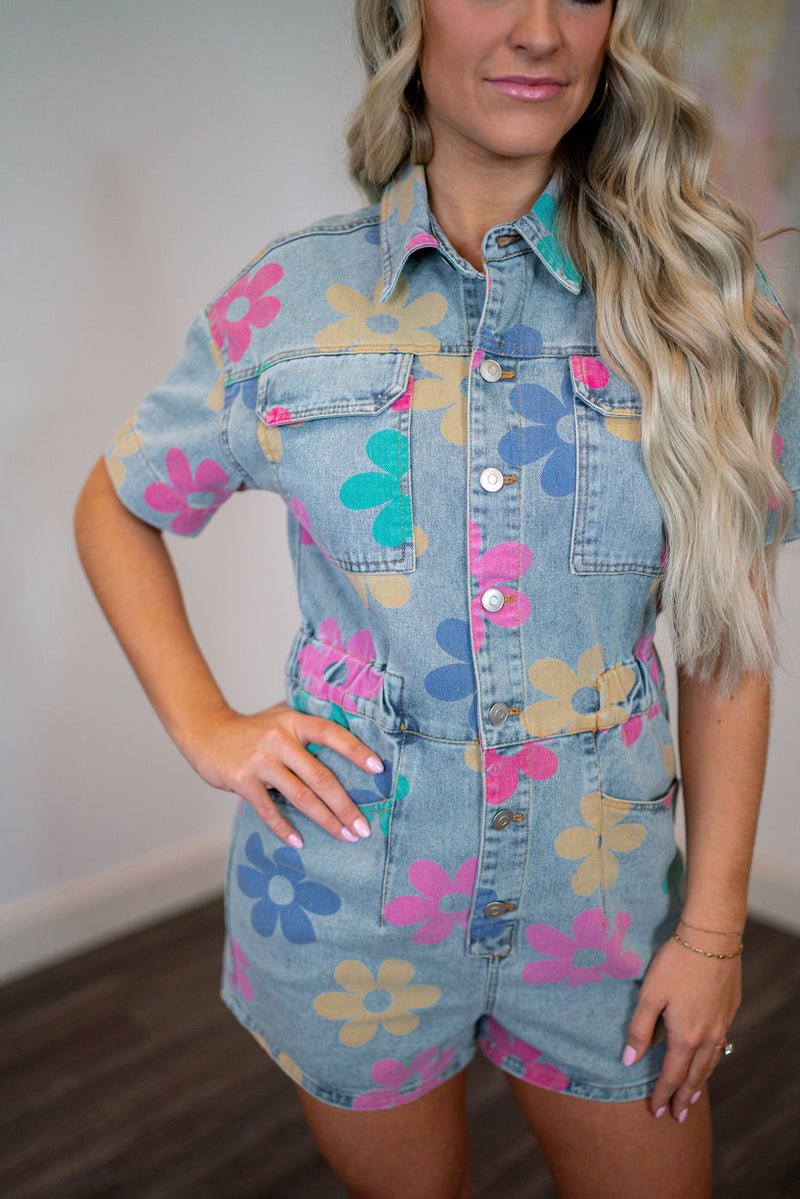 multicolor floral denim romper