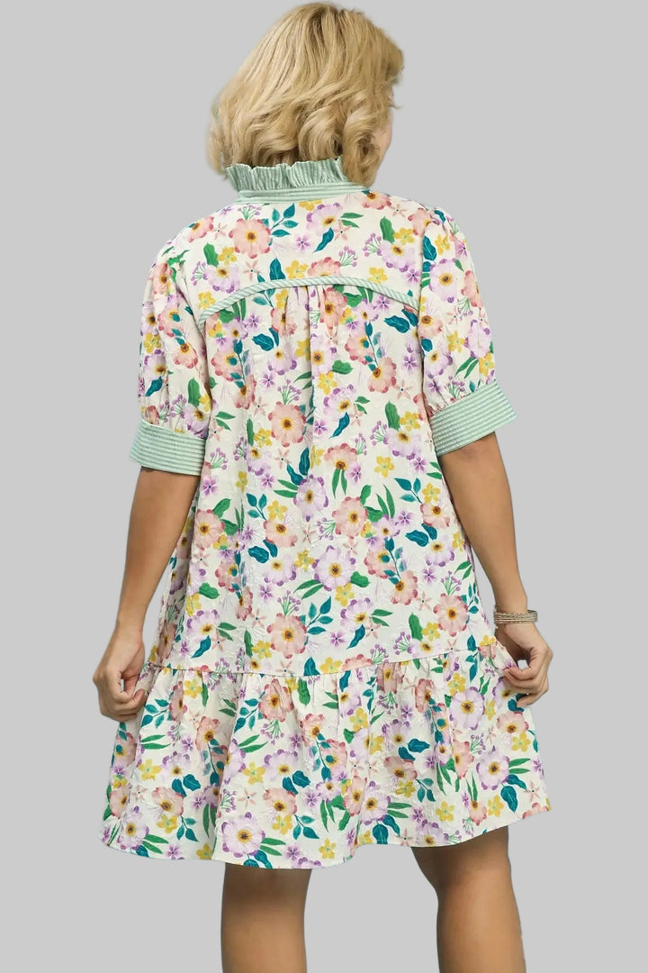 Women's Umgee multicolor floral textured dress with green striped trim in plus size showing full back view