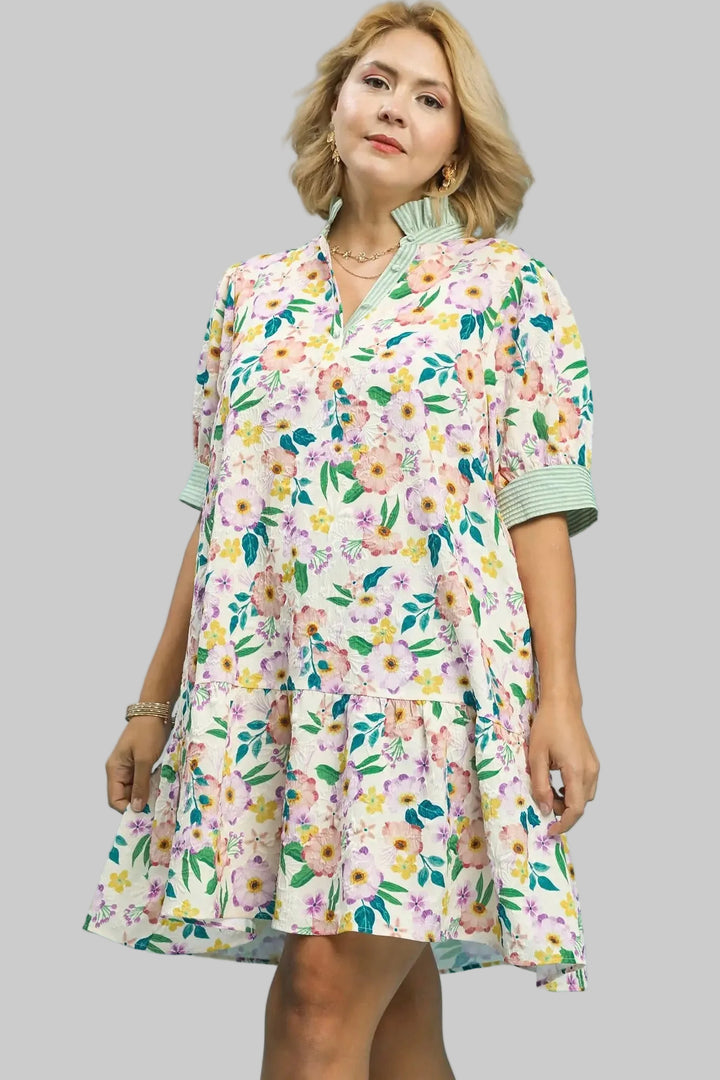 Women's Umgee multicolor floral print textured dress with green striped trim in plus size