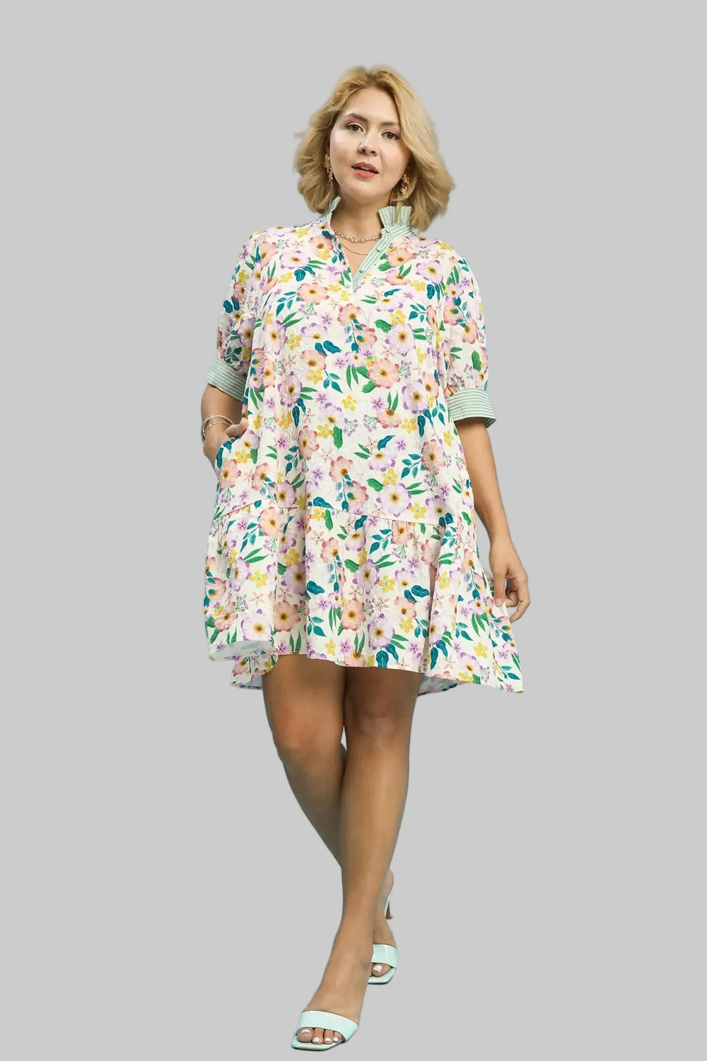 Women's Umgee multicolor floral textured dress with green striped trim in plus size showing full front view
