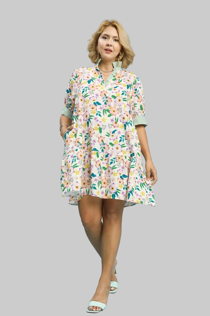 Women's Umgee multicolor floral textured dress with green striped trim in plus size showing full front view