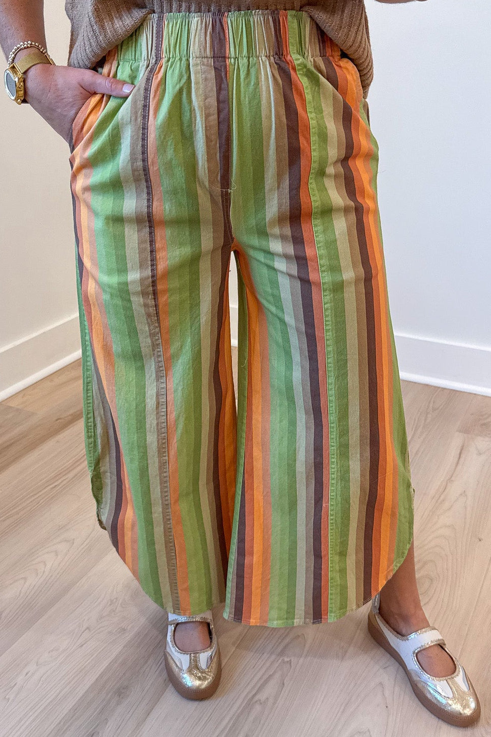 multicolored striped elastic waistband wide leg tulip hem twill denim pants with front pockets