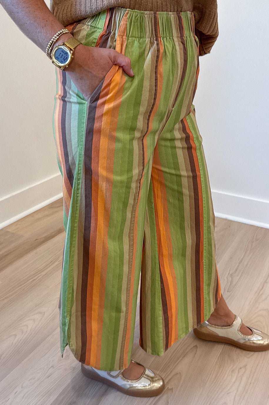  elastic waistband wide leg tulip hem twill denim pants with multicolored fall stripes