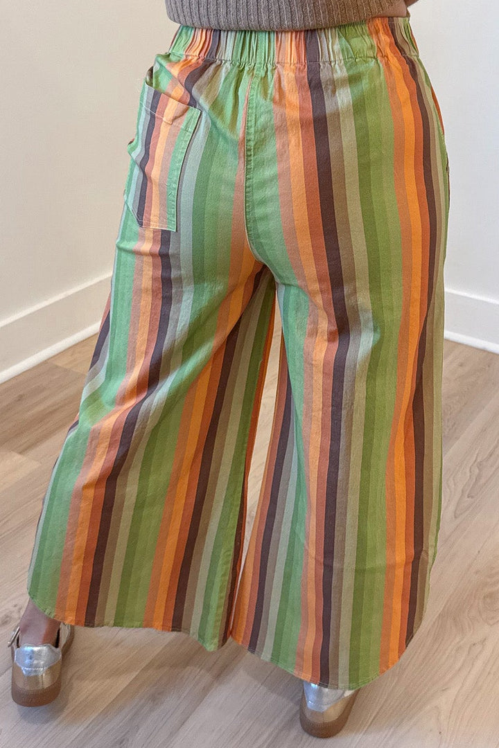 multicolored striped elastic waistband wide leg tulip hem twill denim pants with one back pocket