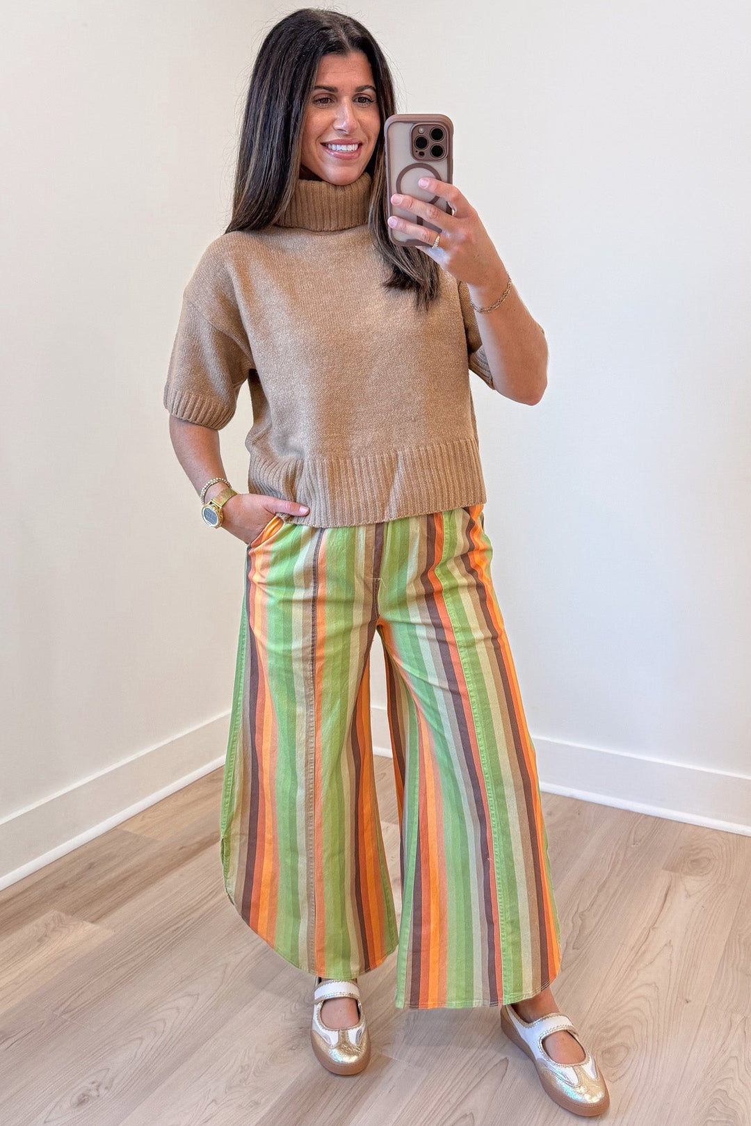 multicolored striped elastic waistband wide leg tulip hem twill denim pants