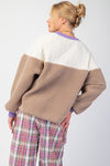 Easel Mushroom tan fleece and cream quilted puffer fabric colorblock pullover