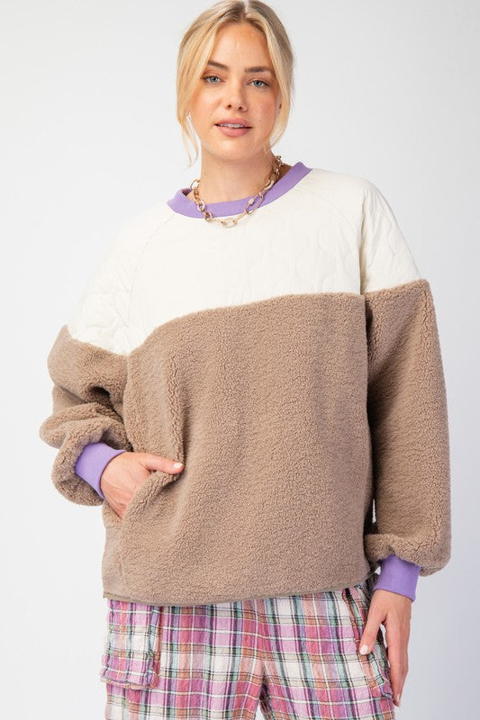 Easel Mushroom tan fleece and cream quilted puffer fabric colorblock pullover