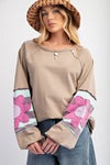 Easel Mineral washed knit top in mushroom tan with large flower patch on the sleeves