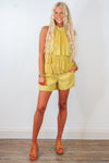 yellow satin pleated romper