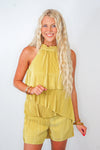 yellow satin pleated romper