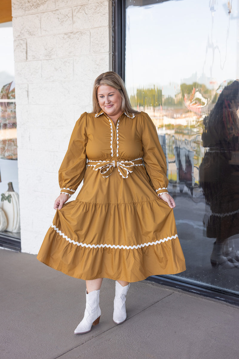 toffee brown scalloped trim fall midi dress