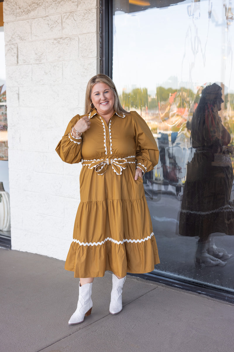 toffee brown scalloped trim fall midi dress