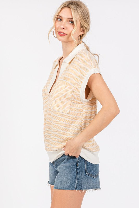 Ces Femme & Time After Time Mustard yellow and ivory striped top with collar in textured knit