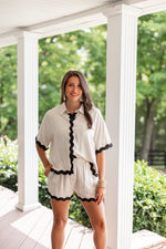 natural linen ric rac scalloped shorts set