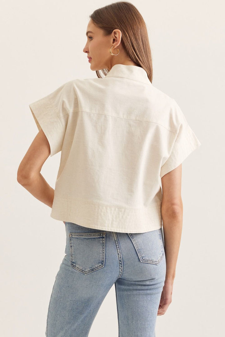 Entro natural cotton linen blend button down short sleeve top showing full back silhouette
