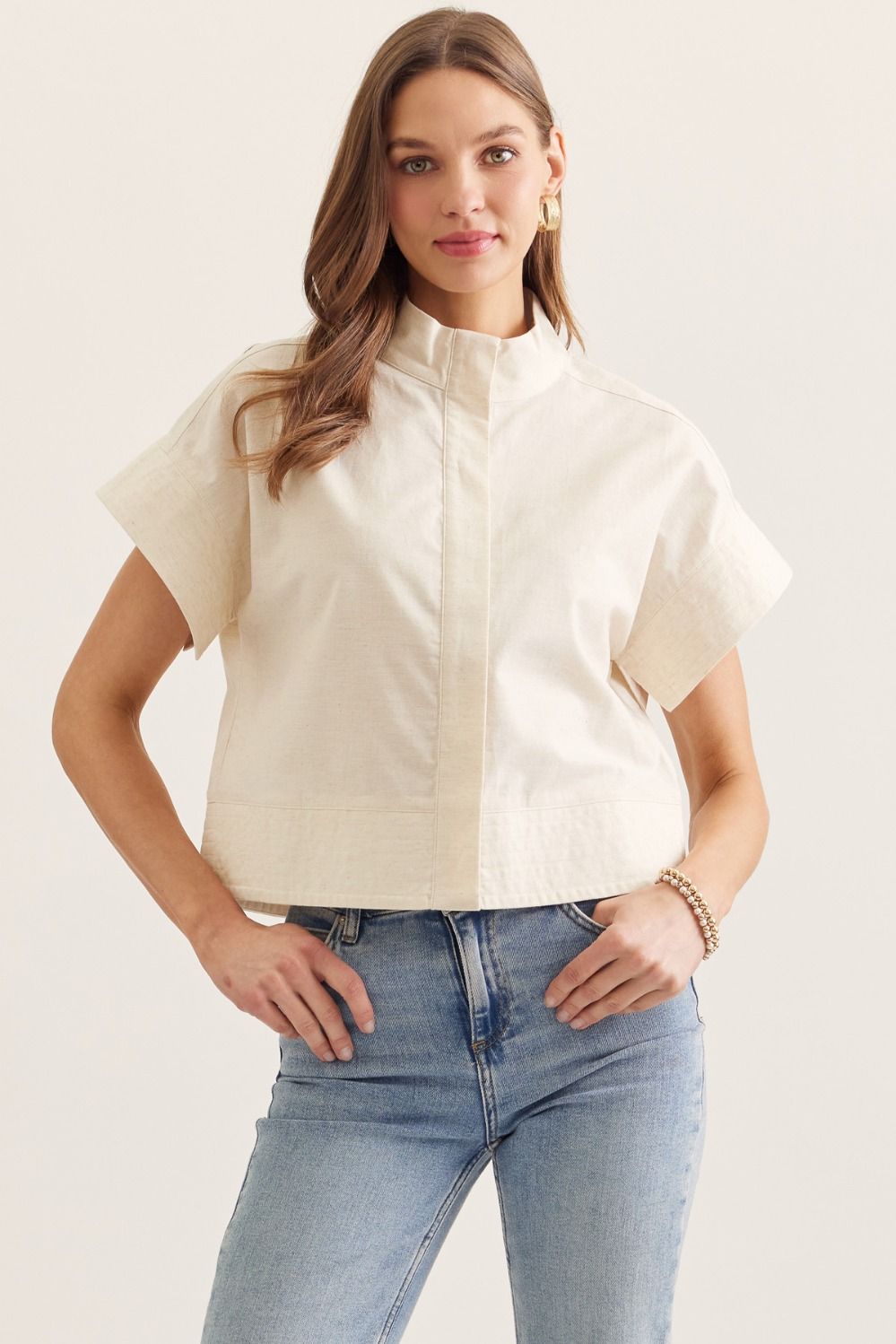 Entro natural cotton linen blend button down short sleeve top