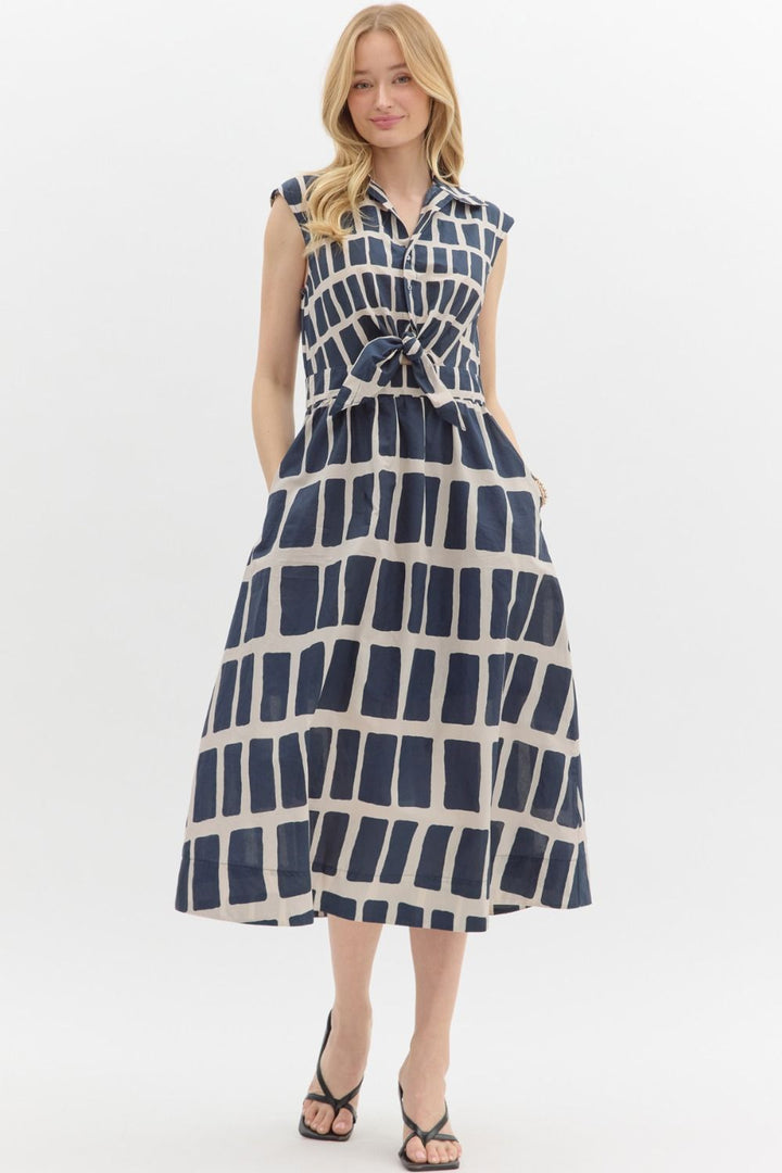 Entro Navy and beige abstract print sleeveless midi dress with knot detail at waist