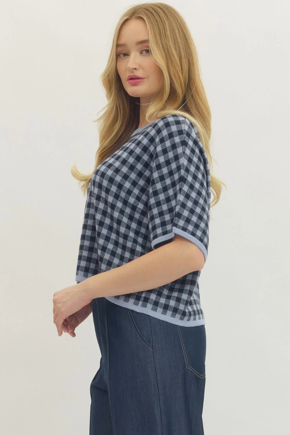 gingham navy knit top short length