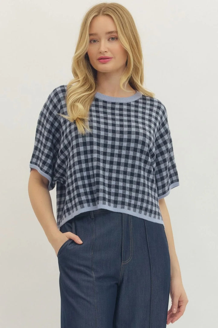 gingham navy knit top