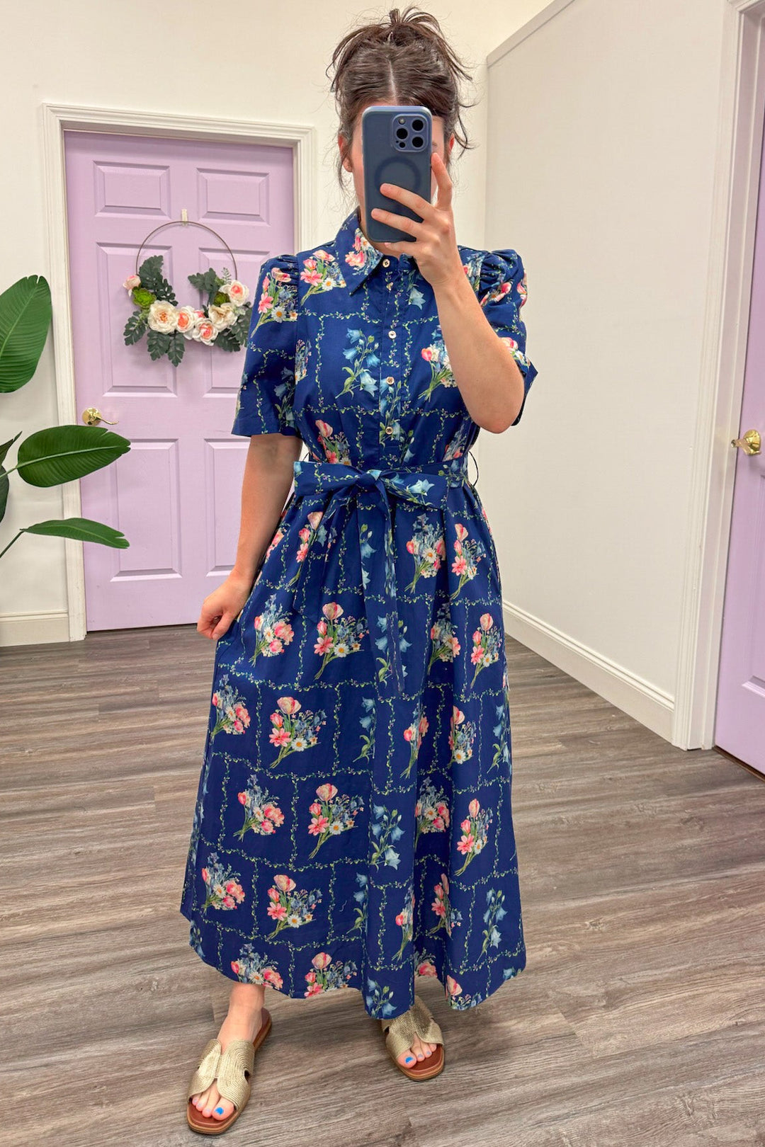 navy with pastel botanical floral print belted poplin midi dress