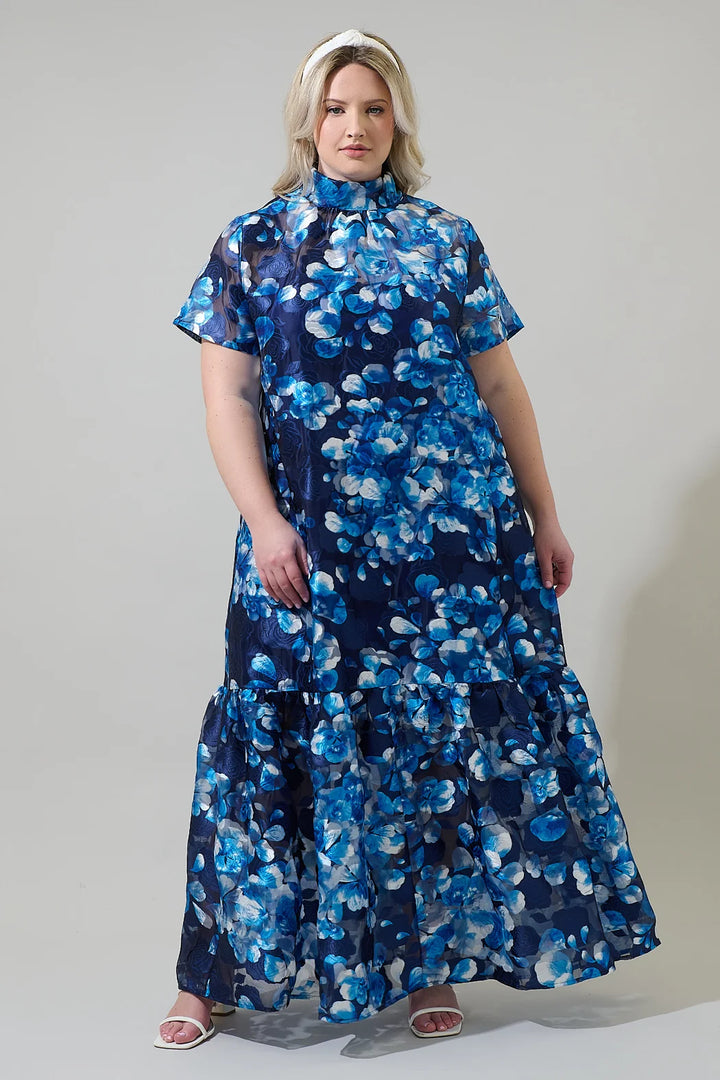 Plus size navy and blue maxi dress with textured floral print and tie detail in back