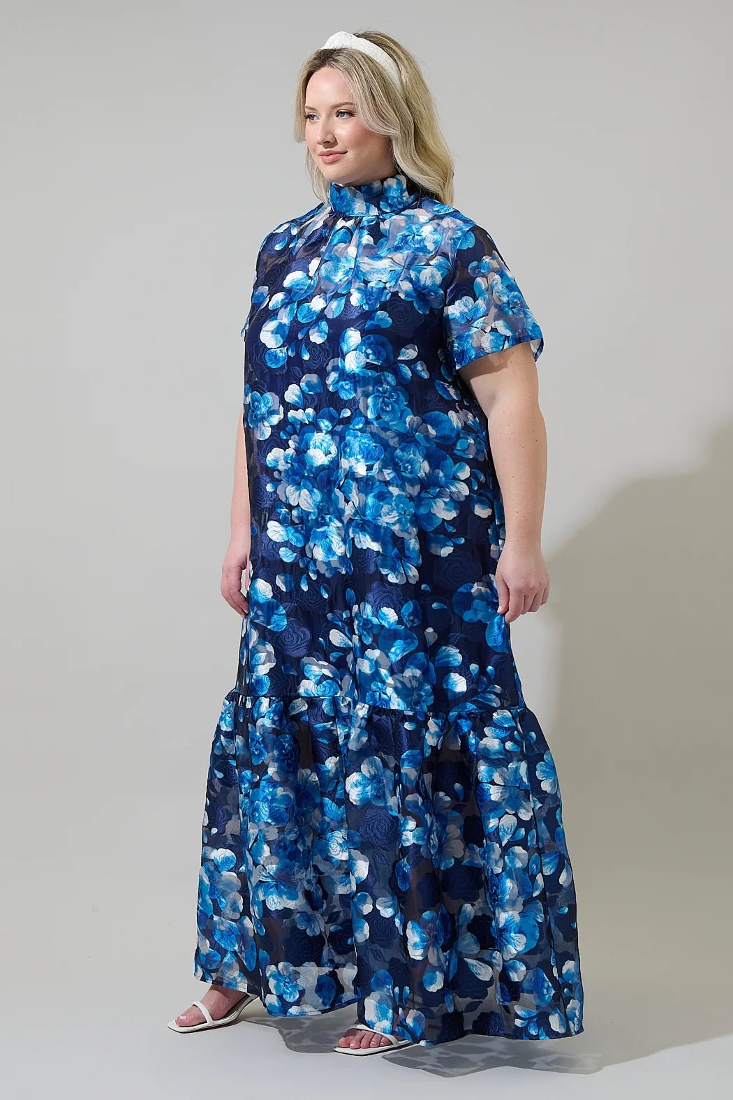 Navy and blue textured floral print maxi dress with tie detail in back