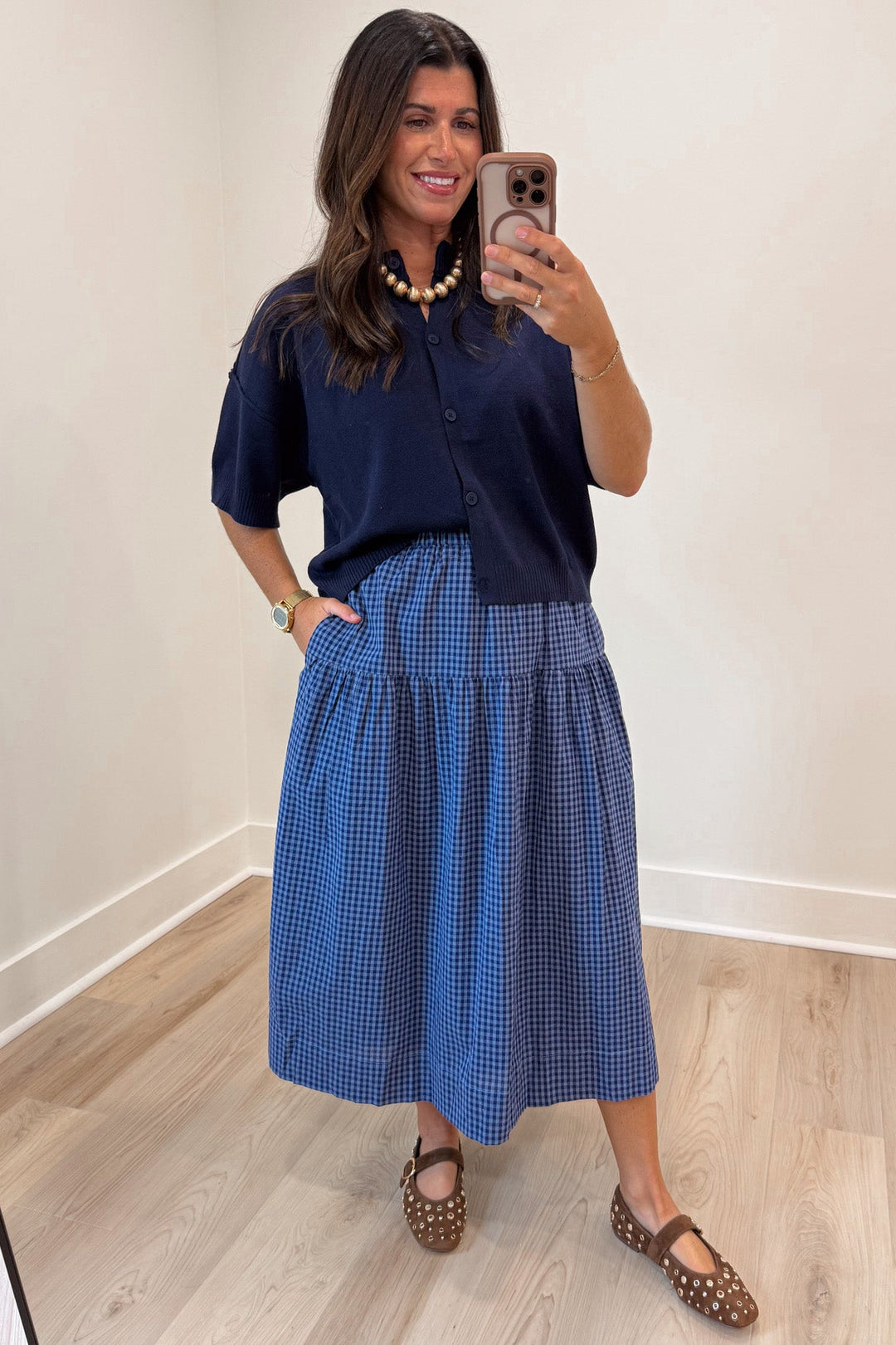 light blue and navy gingham checkered print tiered flowy cotton midi skirt