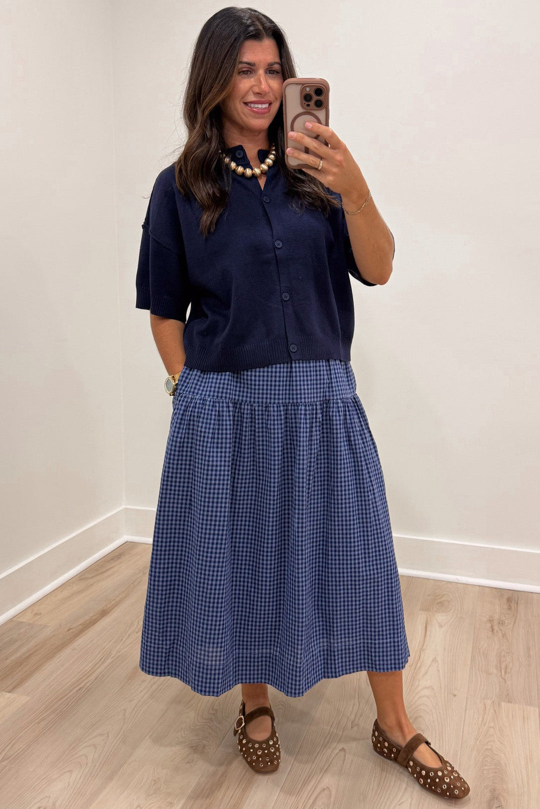 light blue and navy gingham checkered print tiered flowy silhouette cotton midi skirt