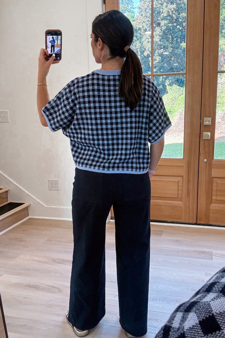 navy baby blue gingham knit top