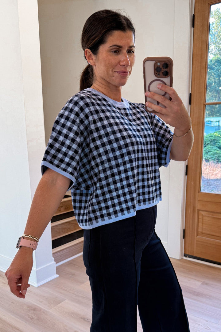 navy blue gingham knit top lightweight
