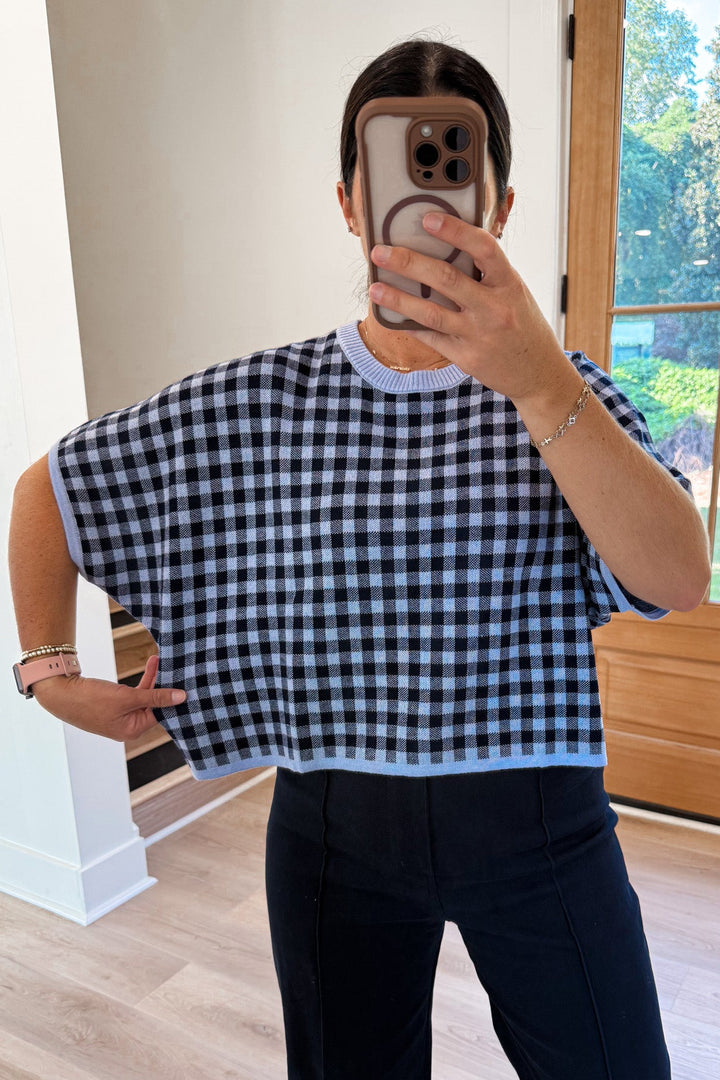 navy blue gingham knit entro top