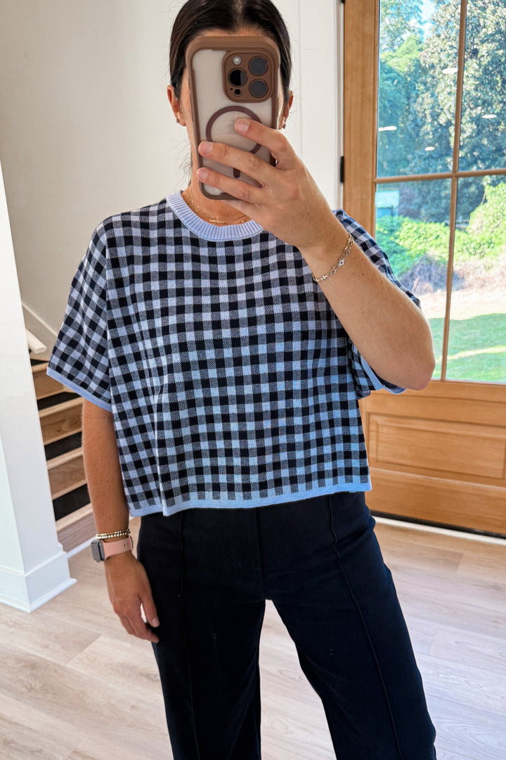 navy blue gingham knit top