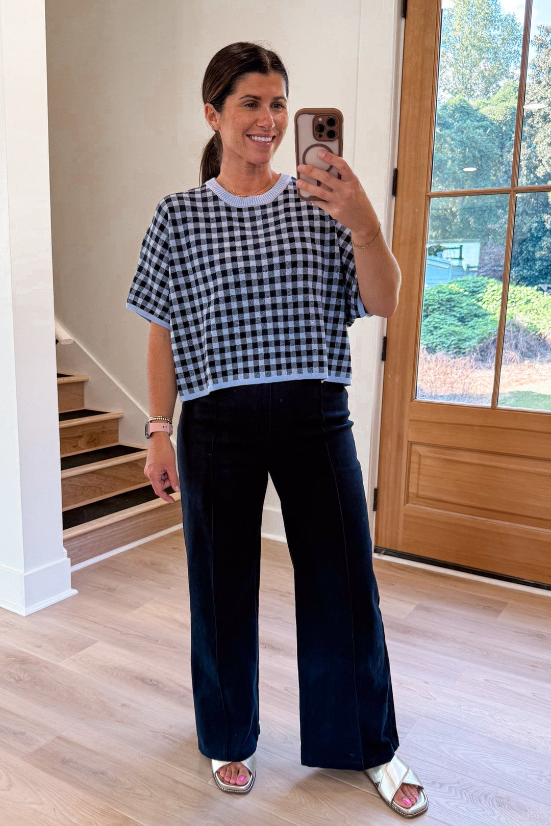 navy blue gingham knit top full
