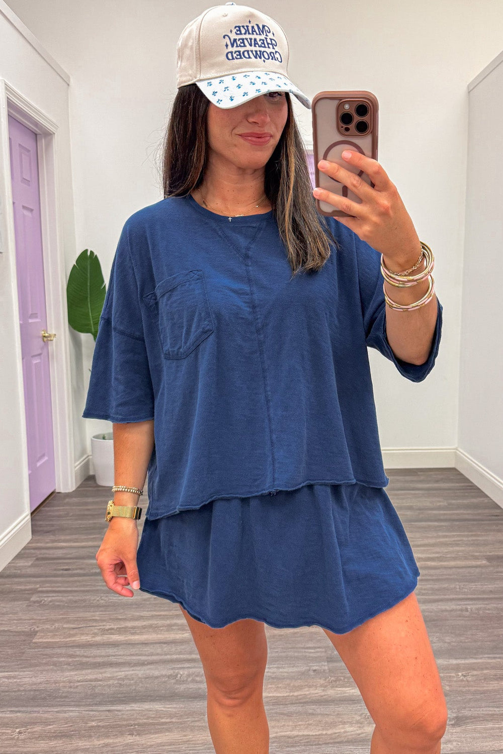 solid navy blue crew neckline top and skort slub knit matching athleisure set