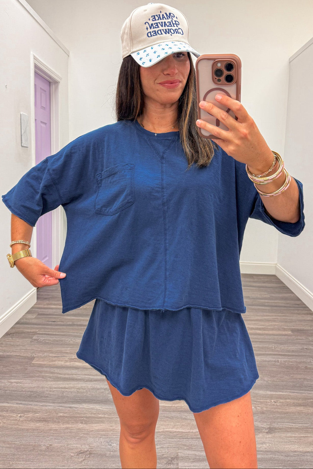 solid navy blue relaxed silhouette top and skort slub knit matching athleisure set