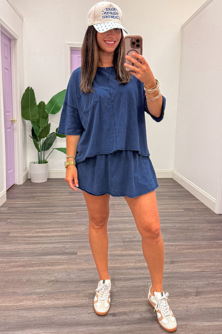 solid navy blue front chest pocket top and skort slub knit matching athleisure set