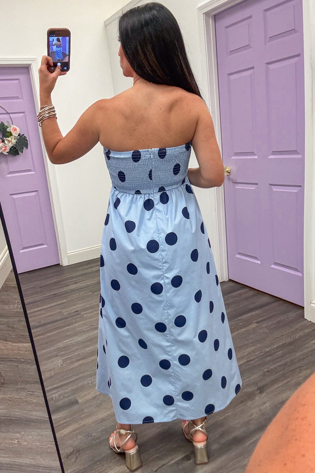 pale blue with large navy blue polka dot print peplum strapless midi dress