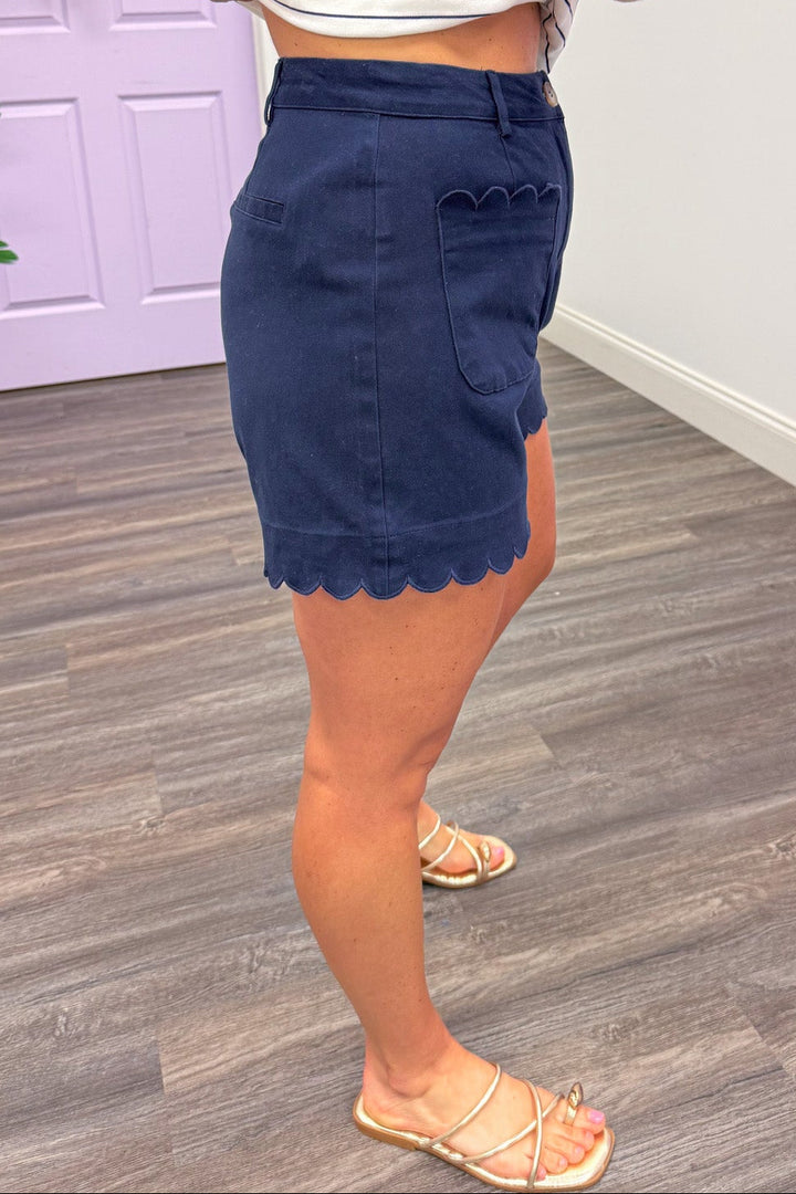 navy blue embroidery scallop detail twill shorts with belt loops