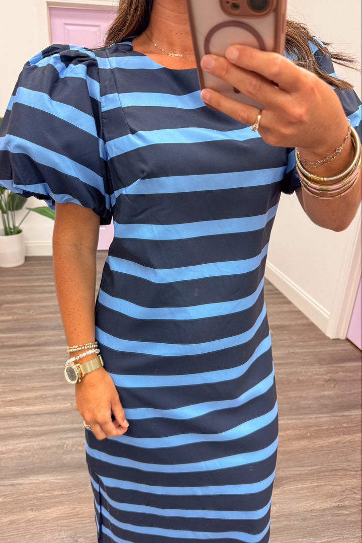 navy and light blue horizontal striped maxi dress with elevated puff sleeves fitted silhouette 