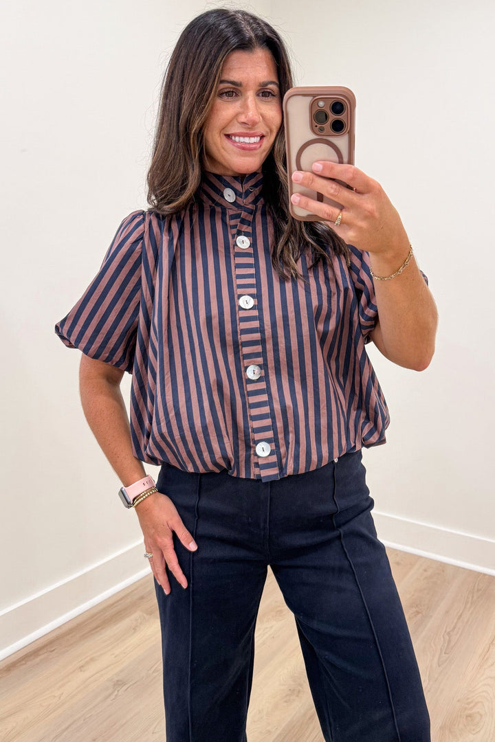 navy blue and brown striped button front bubble hem semi-cropped top