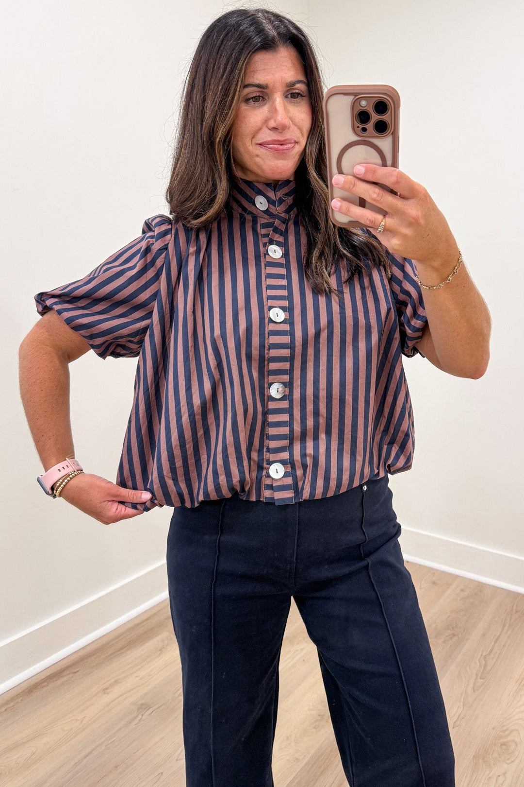 navy blue and brown striped button front bubble hem relaxed silhouette semi-cropped top